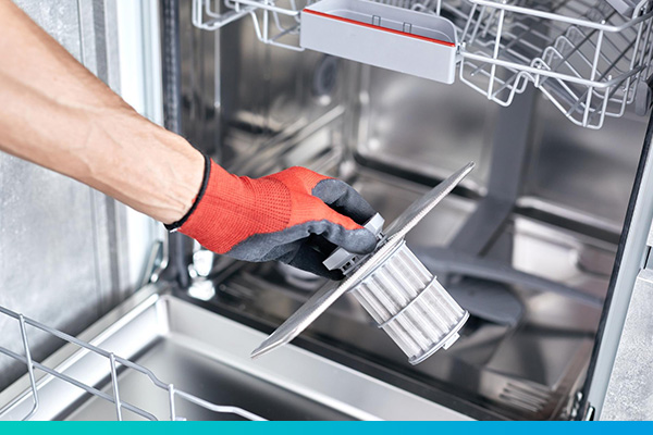 Geöffneter Geschirrspüler und eine Hand in Handschuh die den Filter in der Hand hält
